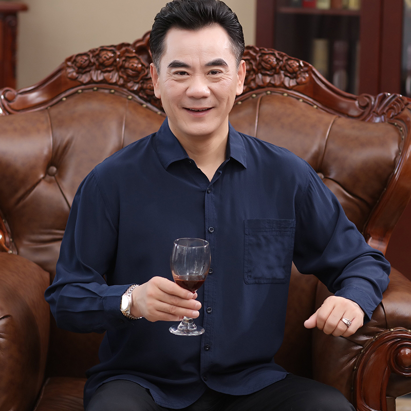 堡索中老年纯色真丝双绉长袖衬衫