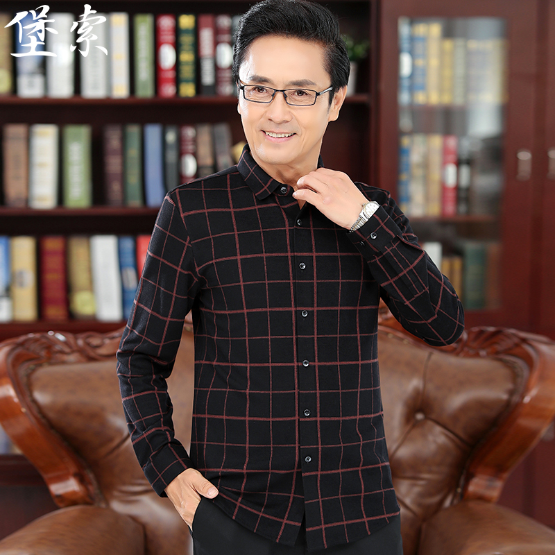 中老年格纹男士针织羊毛长袖衬衫