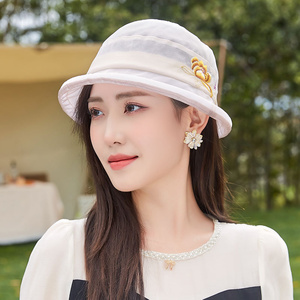 桑蚕丝帽子女夏遮阳帽防紫外线太阳帽优雅刺绣时尚防晒小沿渔夫帽