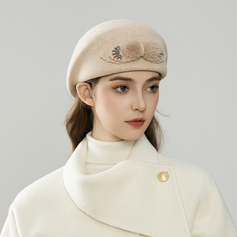 羊毛毡贝雷帽女秋冬复古毛球水钻蝴蝶结装饰时尚优雅小礼帽小众