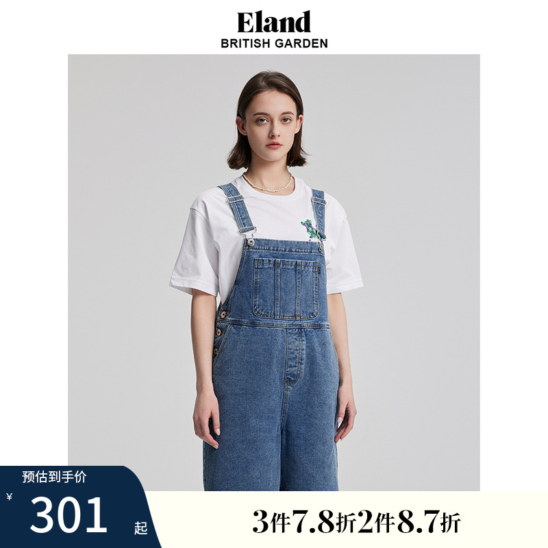 Eland衣恋背带裤牛仔裤短裤大口袋宽松休闲风女裤夏季