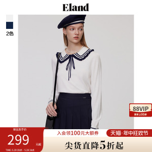 Eland衣恋针织衫女娃娃领罗纹长袖修身打底衫女甜美风毛衣