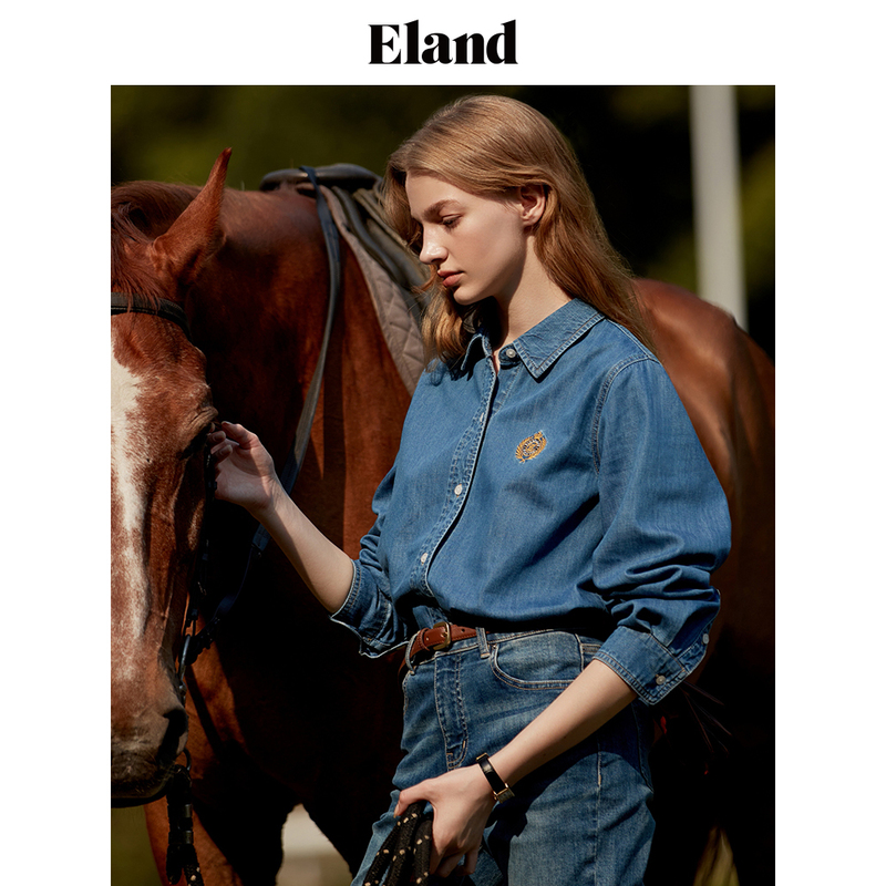 【春节不打烊】Eland衣恋牛仔衬衫翻领女士秋季上衣蓝色复古风