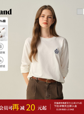 【100%棉】Eland衣恋T恤女圆领长袖纯色休闲上衣2025冬季新款