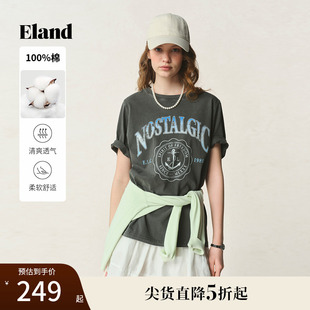 新款 100%棉 Eland衣恋T恤女学院海军风印花图案上衣2025夏季