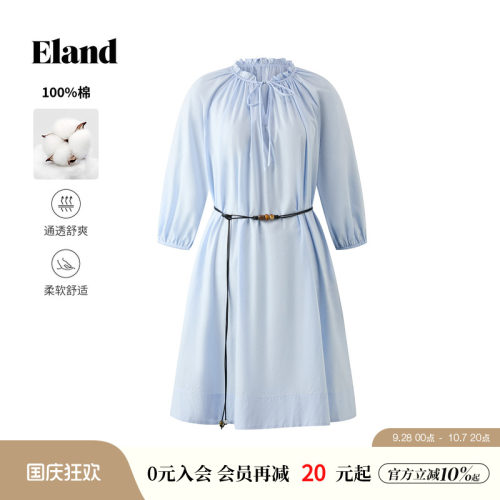 【100%棉】Eland衣恋连衣裙女清新系带长袖衬衫裙2026夏季新款