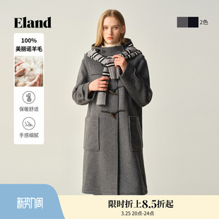 衣恋毛呢外套女连帽牛角扣羊毛大衣冬新款 100%美丽诺羊毛