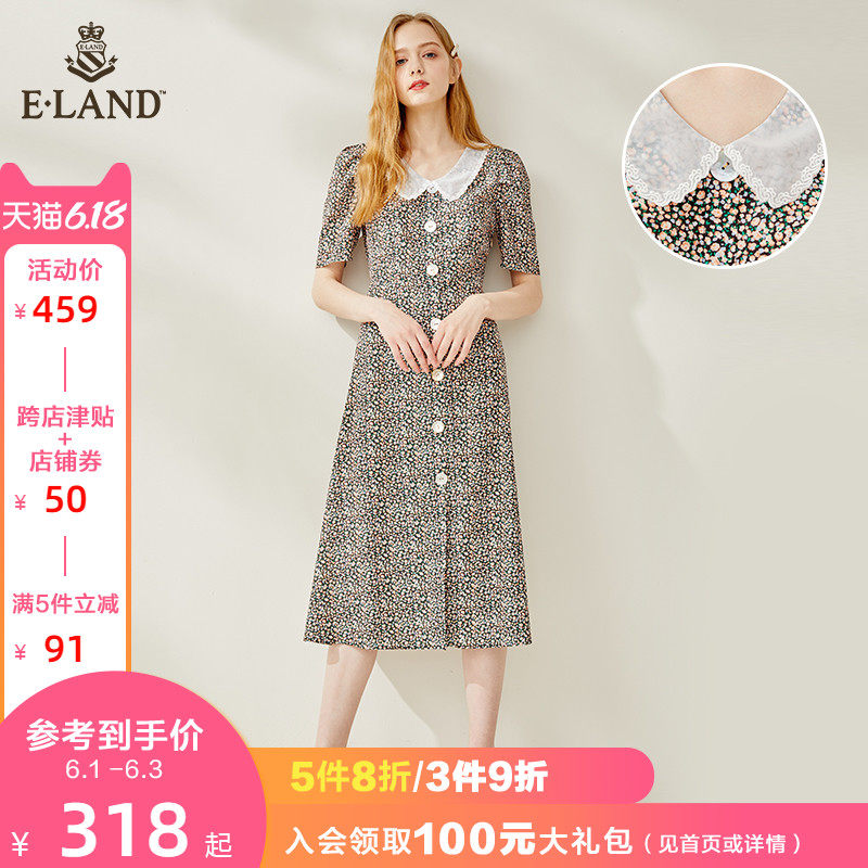ELAND2020夏季新款娃娃领收腰碎花连衣裙女EEOWA66Q2I