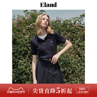 女绞花针织短袖 棉棉冰 Eland衣恋POLO衫 毛衣T恤新款