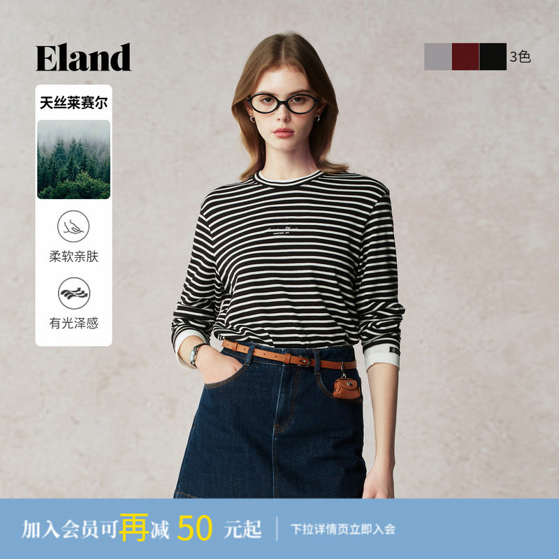 【莱赛尔】Eland衣恋T恤女圆领长袖休闲薄款假两件条纹上衣夏季款