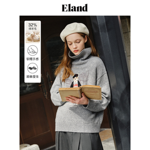 Eland衣恋高领毛衣女2022年秋冬新款宽松短款翻领套头刺绣针织衫