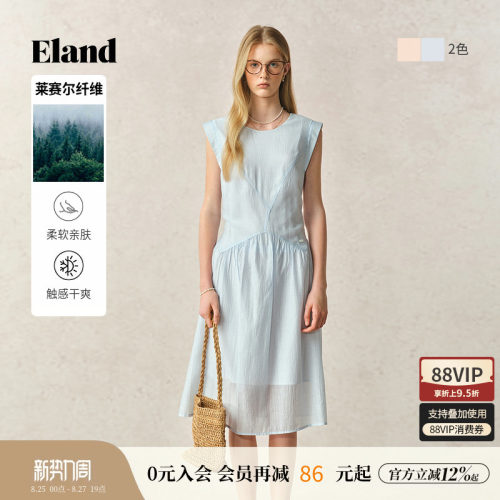 ELAND连衣裙圆领无袖纯色中长薄