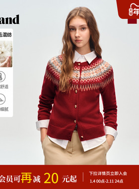 Eland衣恋毛针织衫女费尔岛提花单排扣开衫毛衣2026春季新款