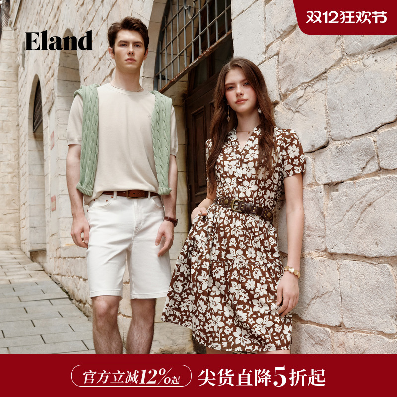 ELAND连衣裙短袖收腰印花男衬衫