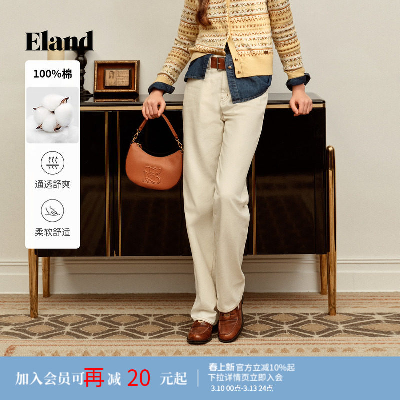 【100%棉】Eland衣恋牛仔裤女时尚直筒裤宽松长裤子2025
