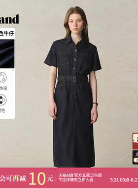【防褪色牛仔】Eland衣恋牛仔连衣裙女衬衫领A字纯棉薄款长裙夏季