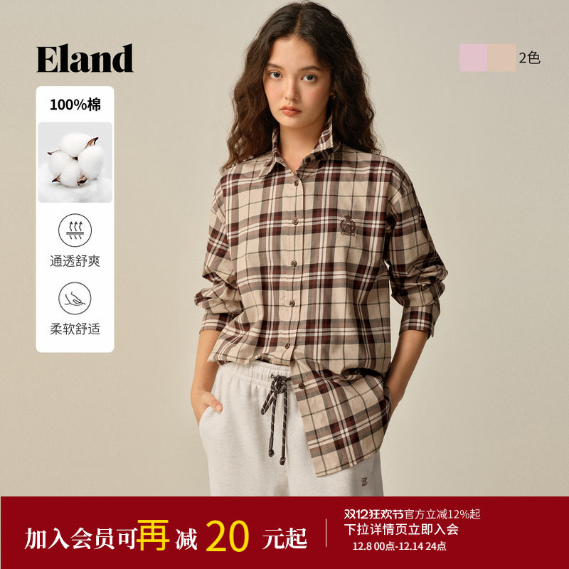 【100%棉】Eland衣恋衬衫女时尚撞色格纹上衣2025冬季新