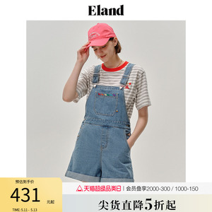 Eland衣恋牛仔背带裤短裤翻边刺绣休闲宽松减龄学院风夏新品