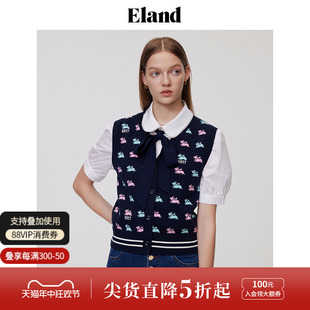 Eland衣恋针织马甲短款 复古学院风秋上衣 甜美开衫 修身