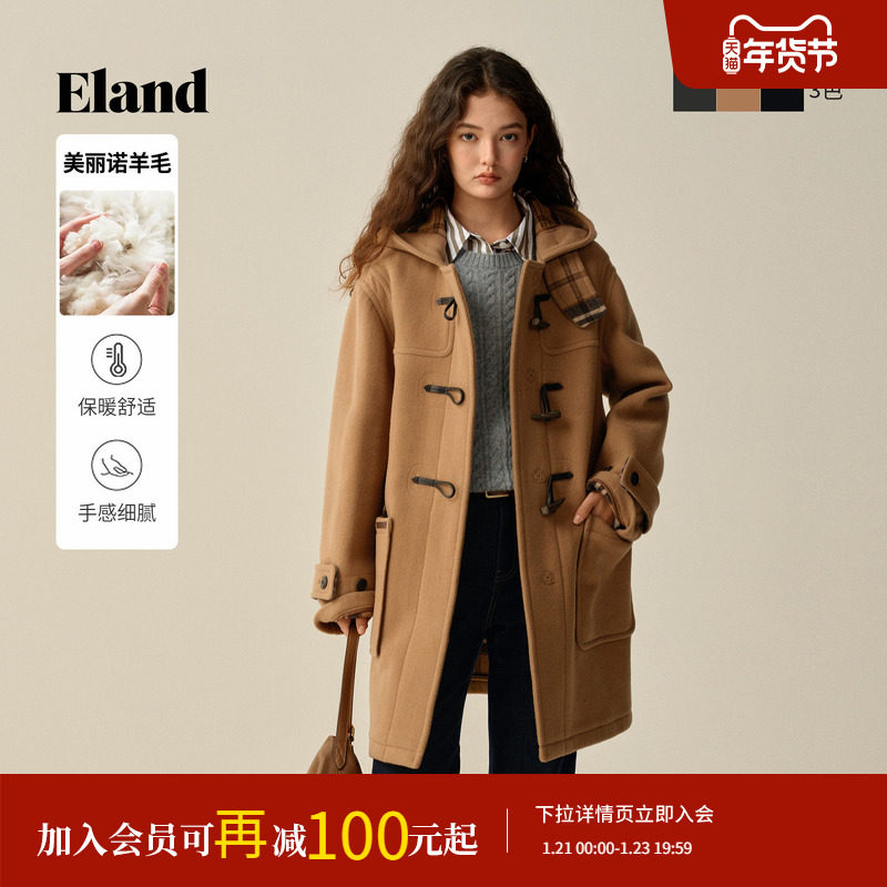 【美丽诺羊毛】ELand衣恋毛呢外套女牛角扣加厚羊毛大衣2025冬新,女装/女士精品,毛呢外套,淘宝优惠券,粉丝福利购,淘宝优惠卷