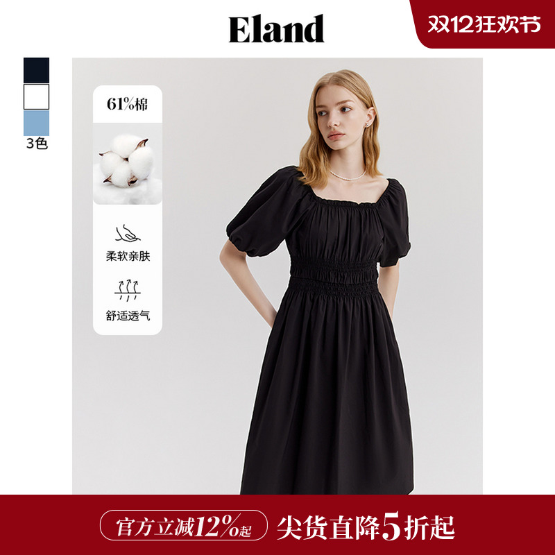 ELAND高腰泡泡袖方领连衣裙