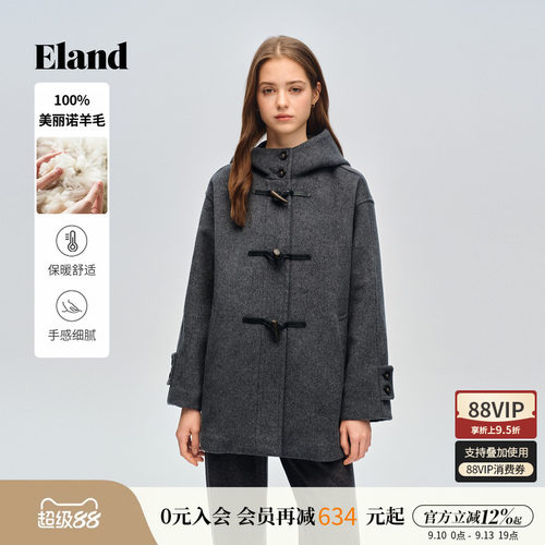 ELAND毛呢外套女牛角扣羊毛大衣