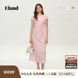 【亚麻】Eland衣恋连衣裙女高智感船领收腰短袖波点裙2026秋新款