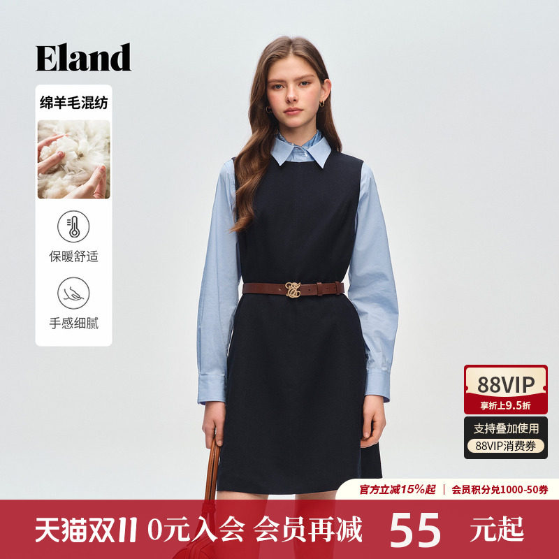 【含绵羊毛】Eland衣恋漂亮连衣裙女修身圆领带拉链无袖A型裙春季