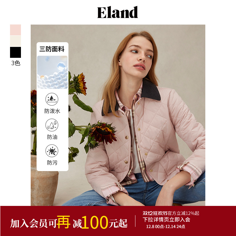 ELAND甜美纯色棉服菱格翻领