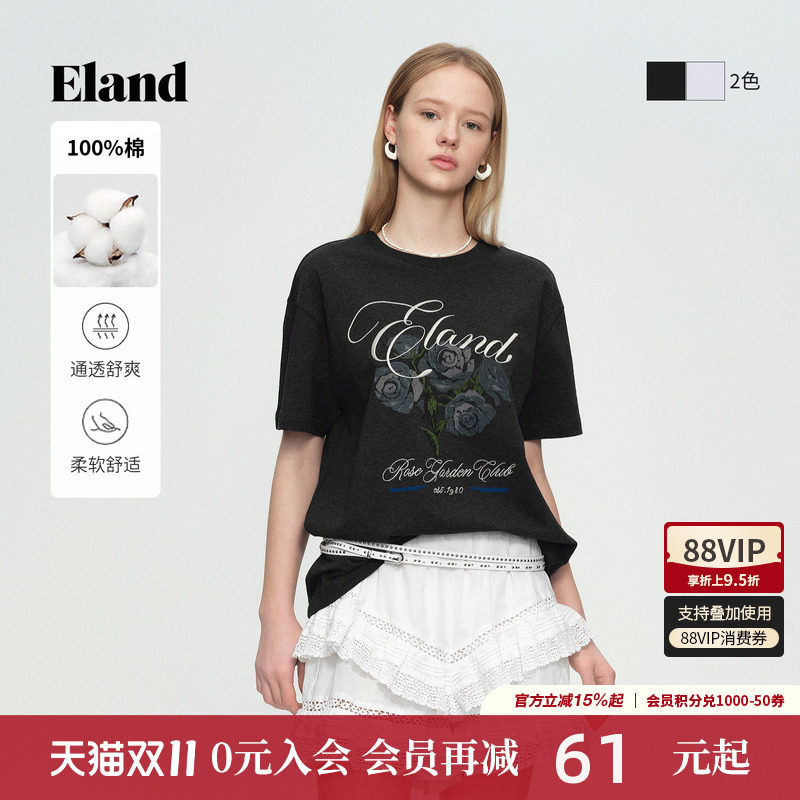 【100%棉】Eland衣恋T恤女时尚印花宽松短袖圆领上衣
