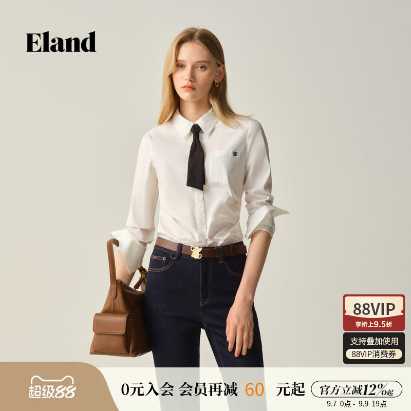【小蛮腰】Eland衣恋衬衫女短款棉质翻领通勤上衣2026夏季新款