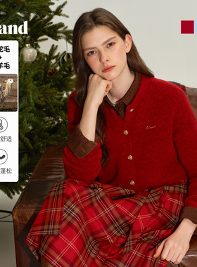 Eland衣恋毛针织衫女气质圆领金属扣开衫毛衣2025冬季新款