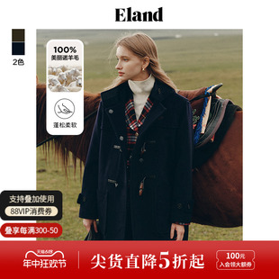 Eland衣恋格雷系毛呢外套女牛角扣大衣外套冬 100%绵羊毛