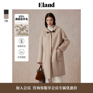 款 含绵羊毛 Eland衣恋毛呢外套女学院风兜帽设计大衣冬季