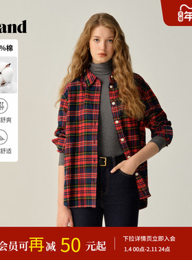 【100%棉】Eland衣恋衬衫女时尚撞色格纹上衣2025冬季新款