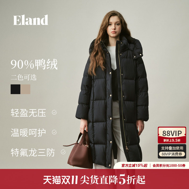 ELAND时尚连帽浴袍长款羽绒服
