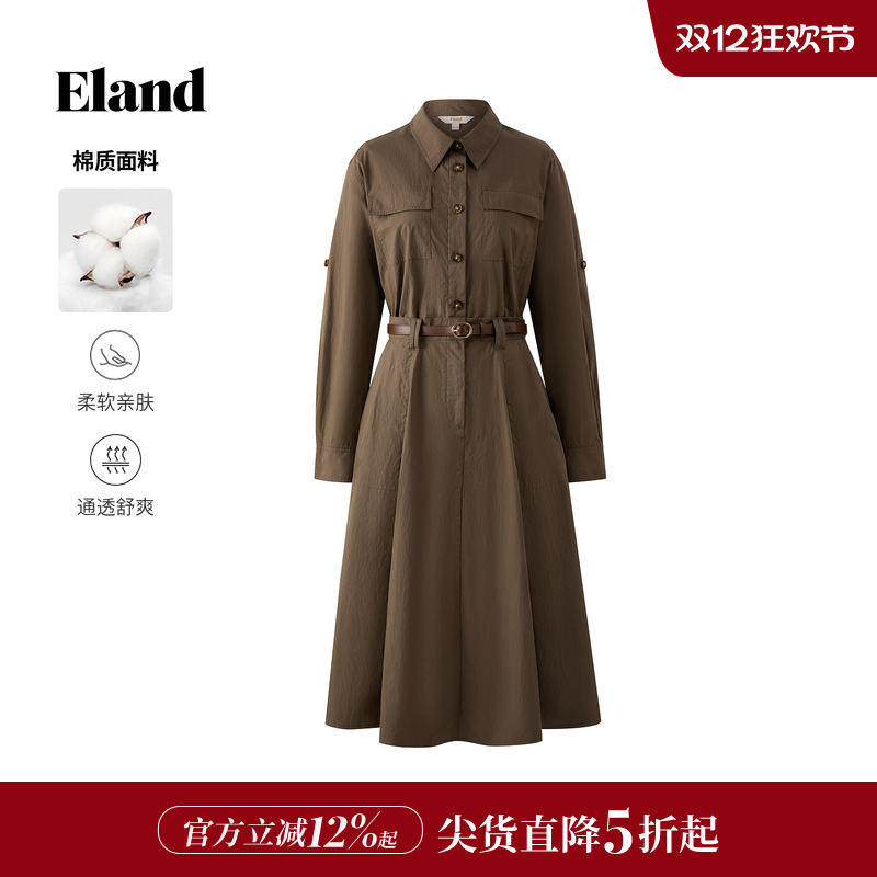 ELAND连衣裙复古衬衫裙收腰