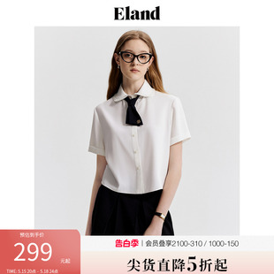 Eland衣恋白色短袖 女蝴蝶结领带雪纺衫 衬衫 上衣2024夏季 新款