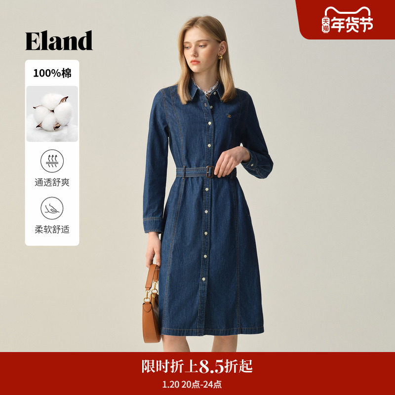 【100%棉】Eland衣恋连衣裙女时尚通勤牛仔中长裙2025冬季新款,女装/女士精品,连衣裙,淘宝优惠券,粉丝福利购,淘宝优惠卷