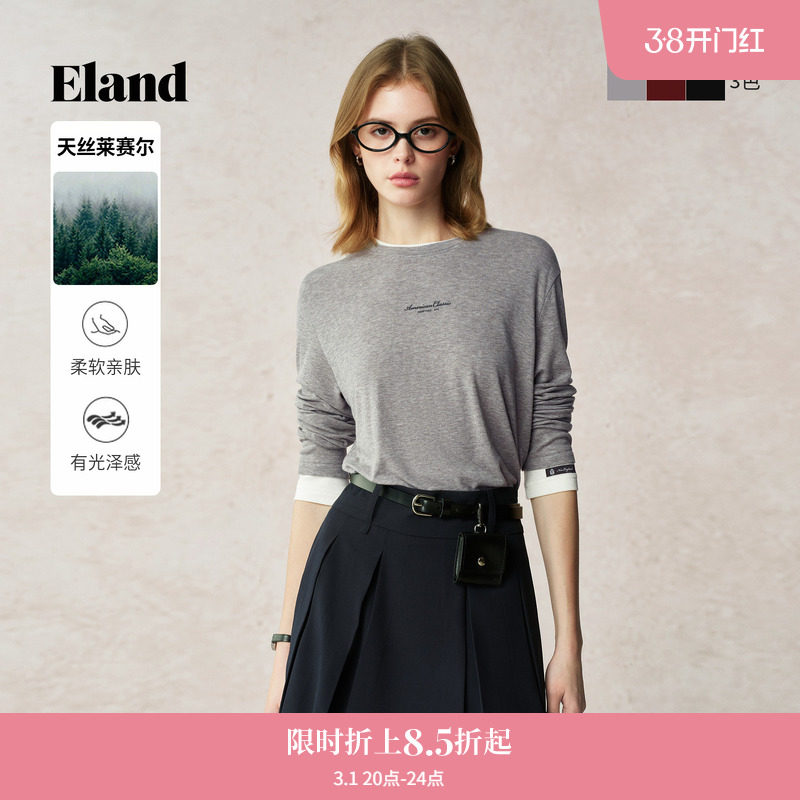【莱赛尔】Eland衣恋T恤女圆领修身长袖休闲薄款假两件上衣夏季