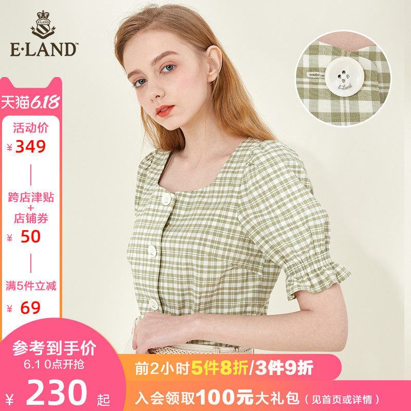 ELAND2020夏季新款法式方领纽扣清新格子衬衫上衣女EEBWA24H1M