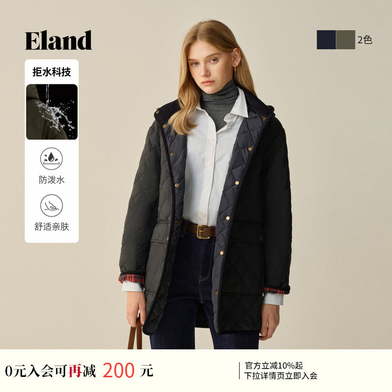 【拒水科技】Eland衣恋棉服女中长款菱格连帽含羊毛外套冬季新款