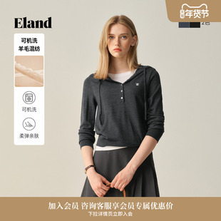 【可机洗羊毛】Eland衣恋毛衣女假两件连帽针织衫2025冬季新款