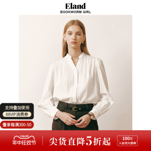 宽松上衣打底衬衣 Eland衣恋衬衫 女纯棉立领小V开口设计泡泡袖