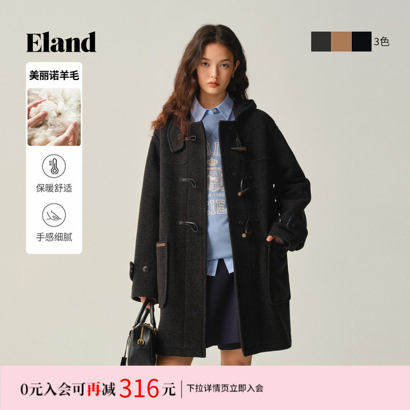 【美丽诺羊毛】Eland衣恋毛呢外套女牛角扣廓形大衣冬季新款