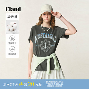 上衣夏季 Eland衣恋T恤女学院海军风印花宽松圆领短袖 100%棉