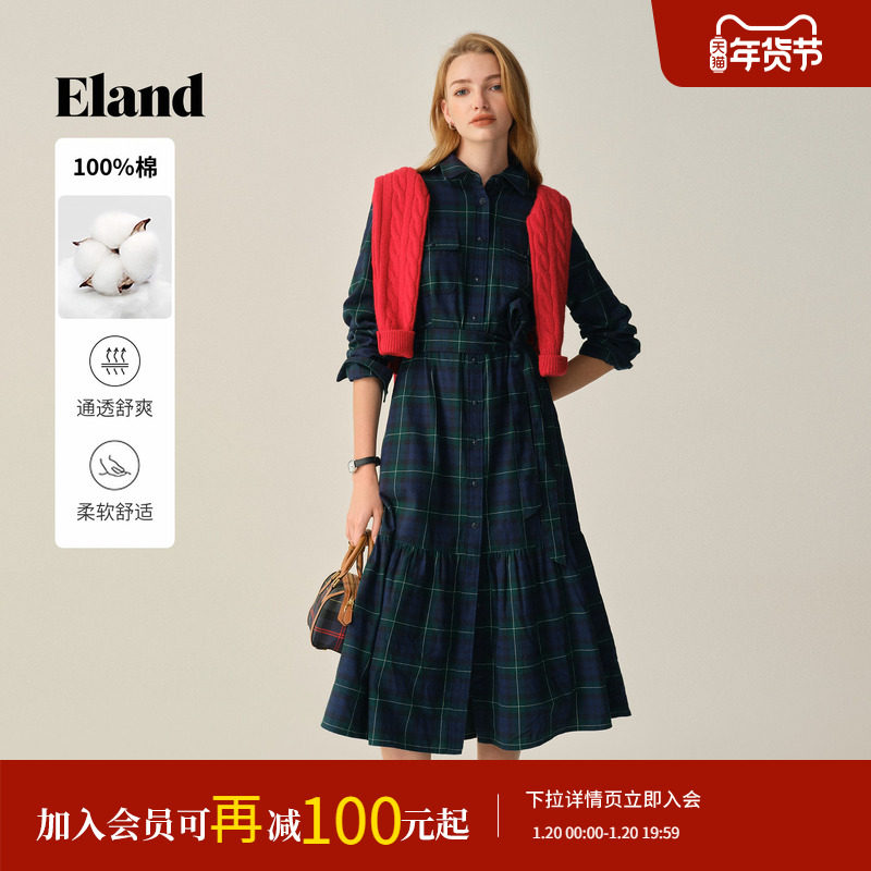 【100%棉】Eland衣恋连衣裙女英伦风收腰格纹长裙2025冬季新款,女装/女士精品,连衣裙,淘宝优惠券,粉丝福利购,淘宝优惠卷