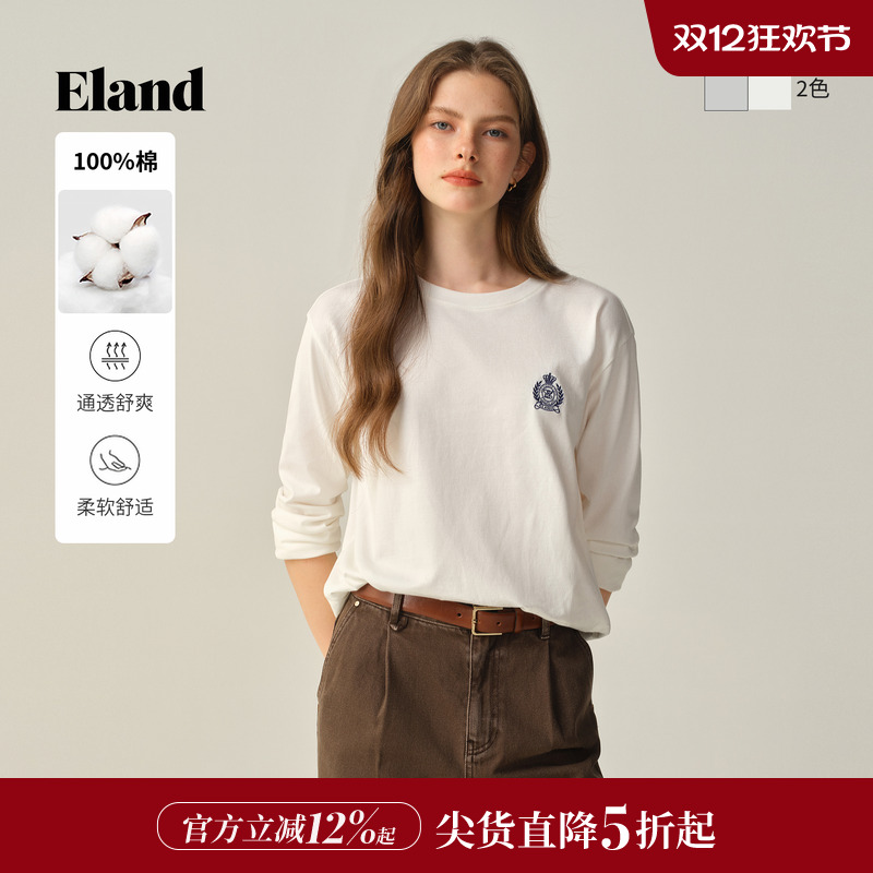 ELAND纯棉圆领长袖纯色