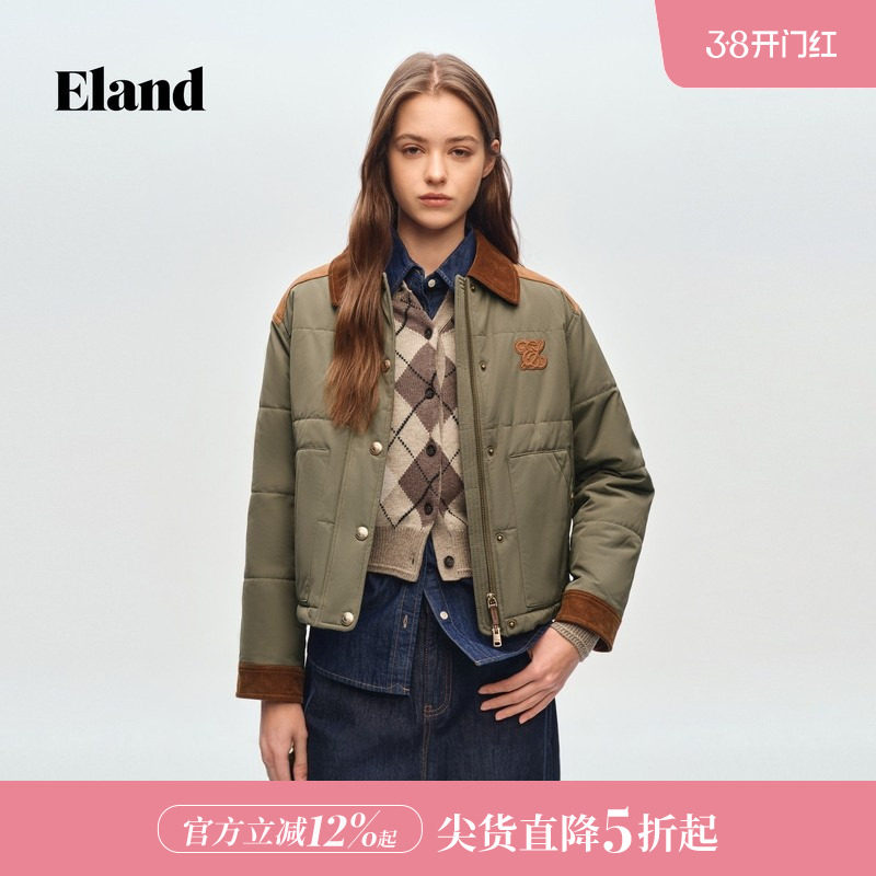 Eland衣恋棉衣女翻领长袖大口袋通勤棉服外套2026春季新款