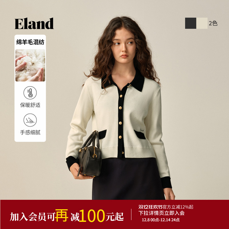 ELAND毛针织衫撞色长袖翻领